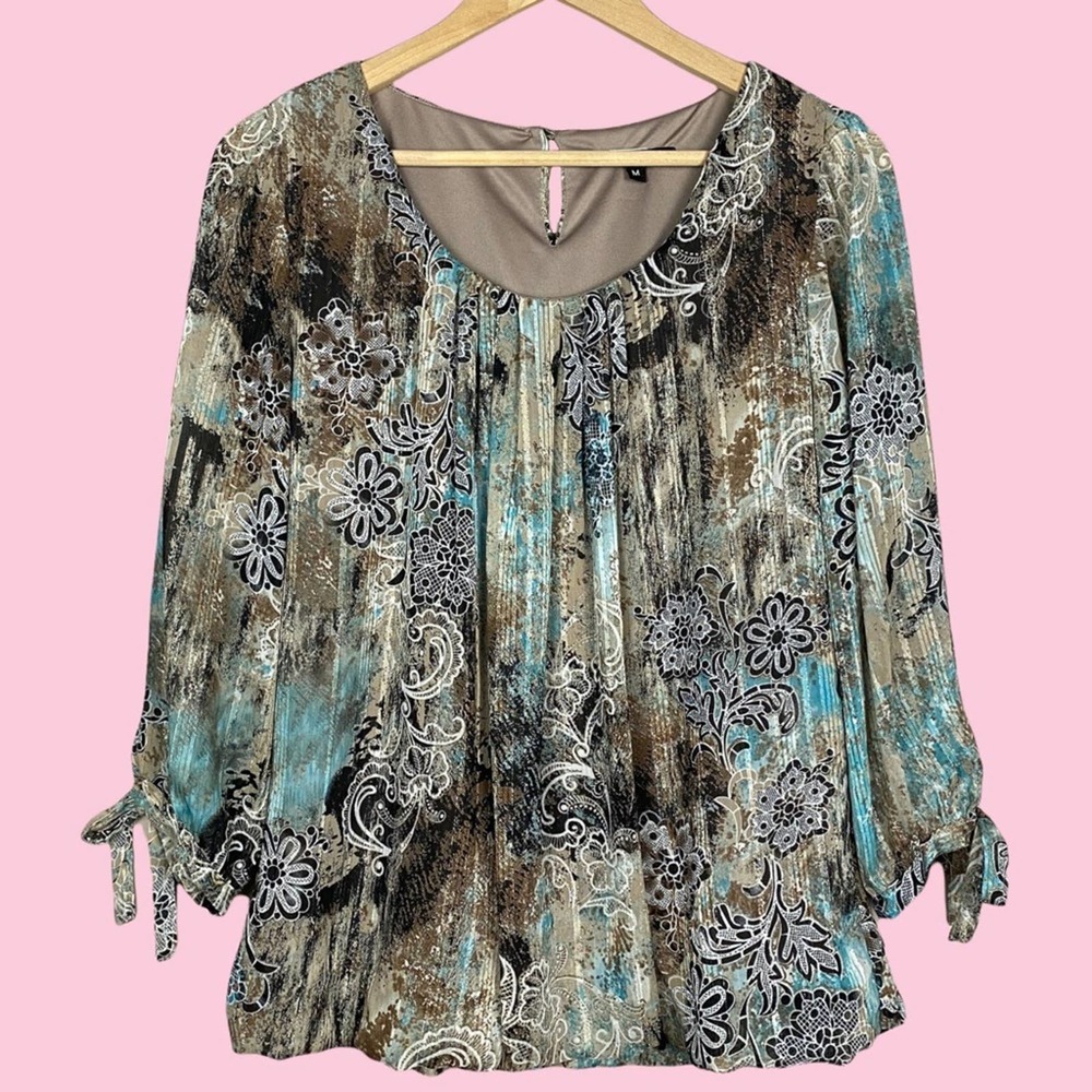 Sara Michelle Floral Paisley Pleated Metallic Accent Tie Sleeve Keyhole Blouse